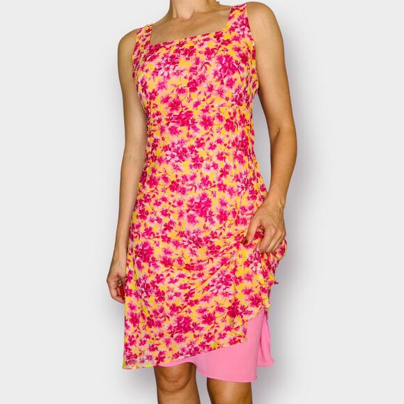 Y2K Bob Mackie Pink Yellow Floral Silk‎ Dress - Picture 3 of 7